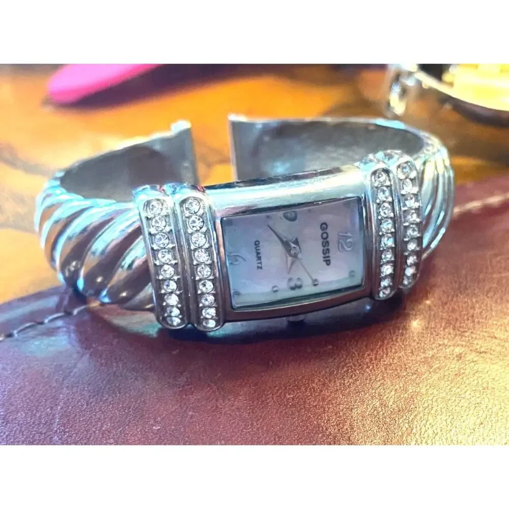 Women's 20mm Silver Tone Gossip Watch, Crystal Accents, MOP Face, Bangle Bracele